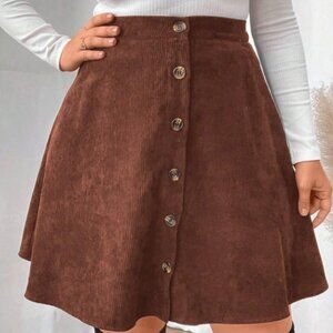Plus Size Coffee Brown Corduroy Button Front A-Line Skirt - High Waist, Short